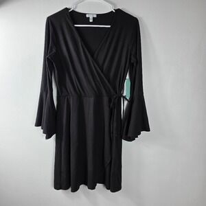 ABOUND Black Bell Sleeve Wrap Dress M Midi‎ Flounce Flutter Cozy Knit